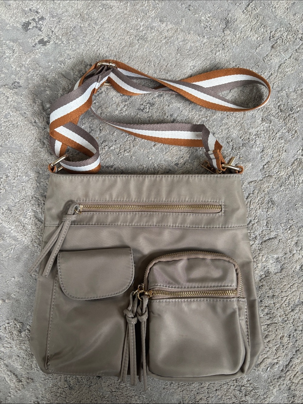 Urban Expressions Taupe Crossbody with Striped Adjustable Strap